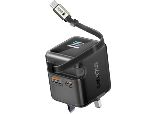 Promate Cubix-R70 70W GaNFast Charger with Retractable 80cm USB-C Cable, Dual USB-C PD 70W, USB-A 60W Port, 1.14” TFT Smart Display, UK Plug, Compact Wall Adapter for MacBook, iPhone 17, Galaxy Black